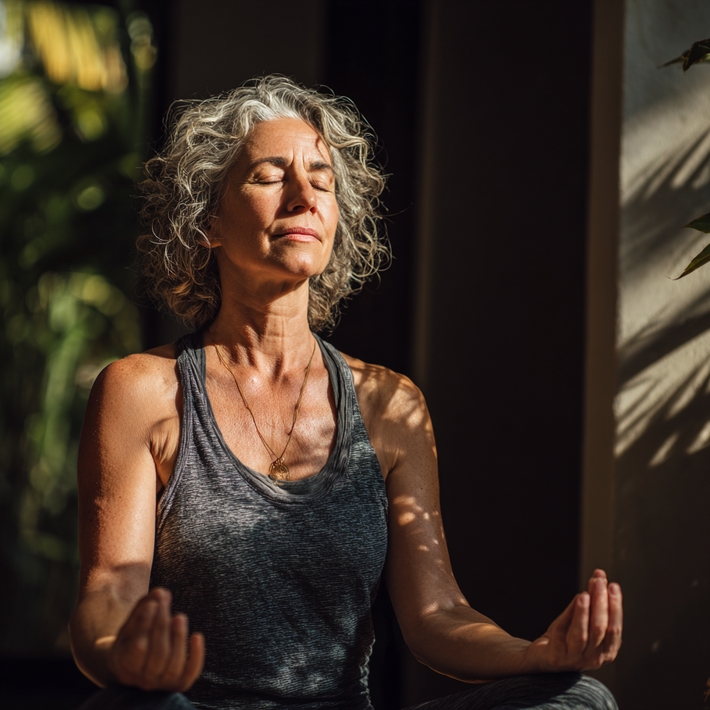Mature woman practicing yoga in peaceful meditation pose