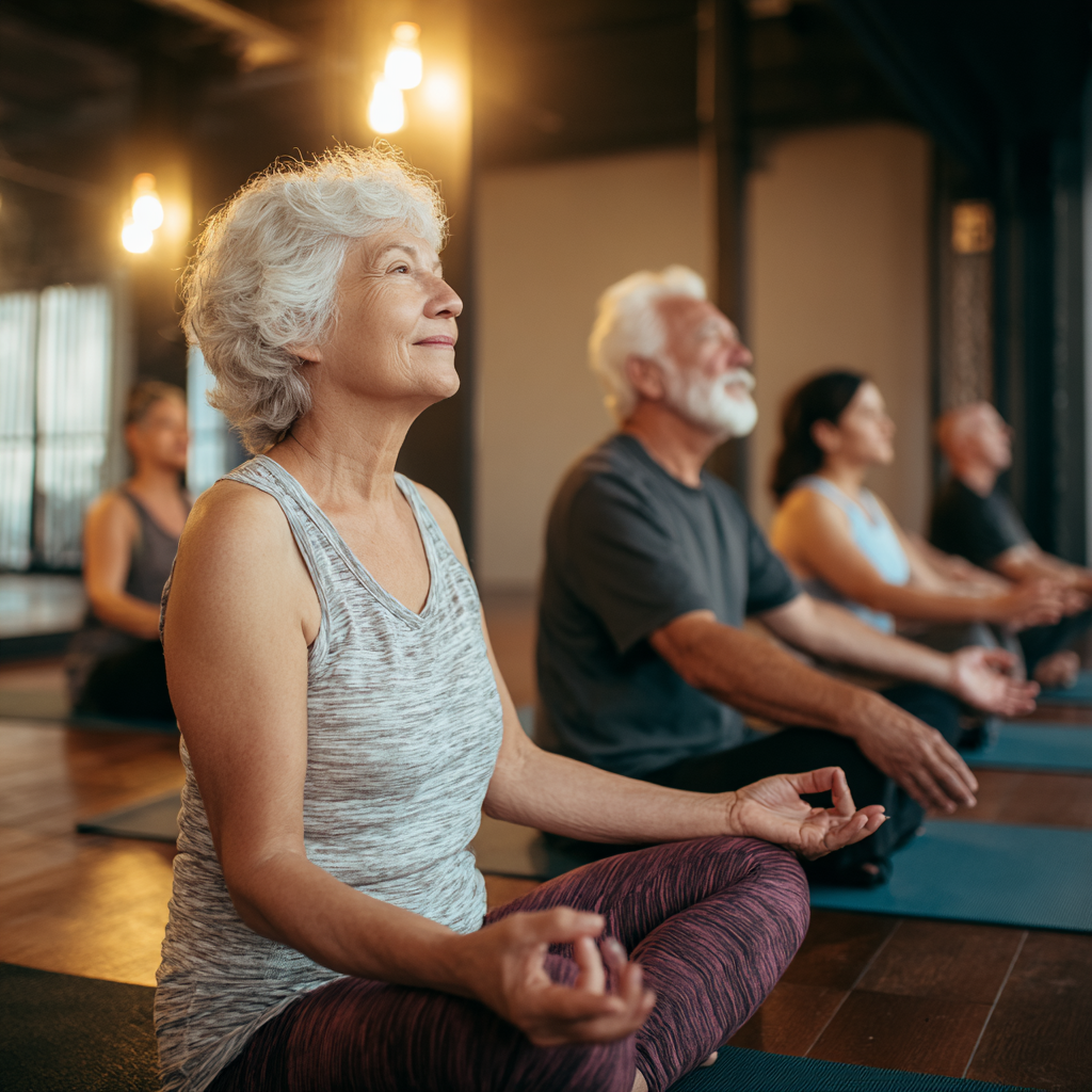Senior adults practicing yoga in group session